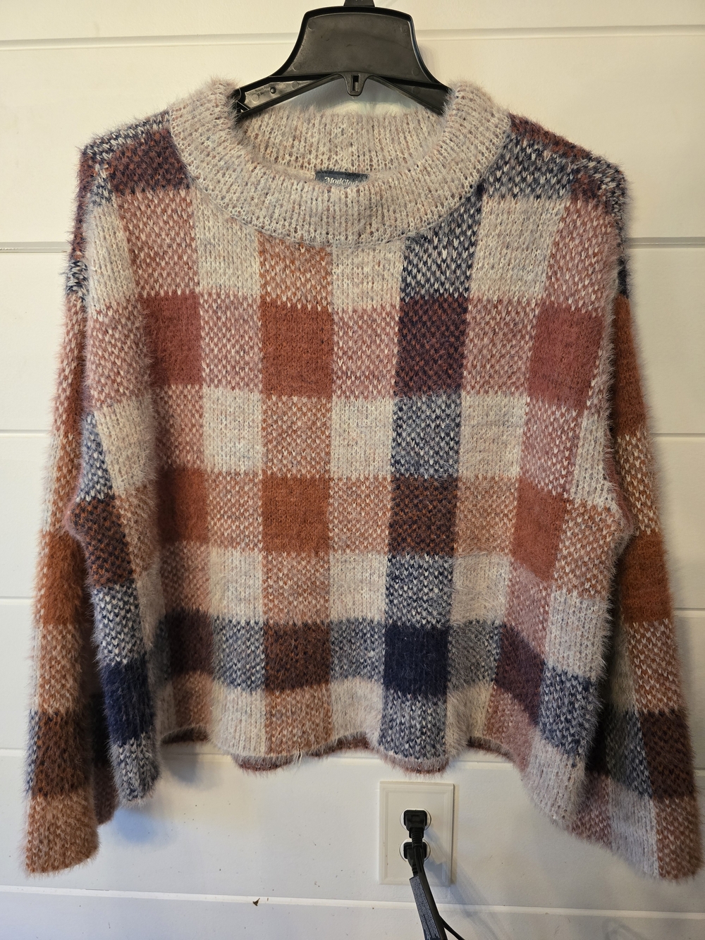 O Modcloth Plaid Fuzzy Crewneck Sweater in Rust, Navy & Cream XL